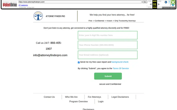 Attorney Finder Pro homepage, captured in 2016