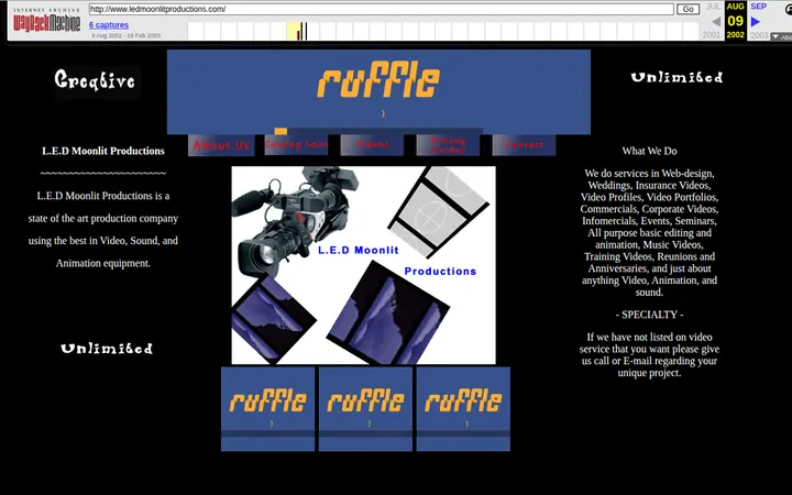 L.E.D Moonlit Productions homepage, captured in 2002