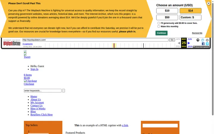 Toys Liquidators homepage, captured in 2012