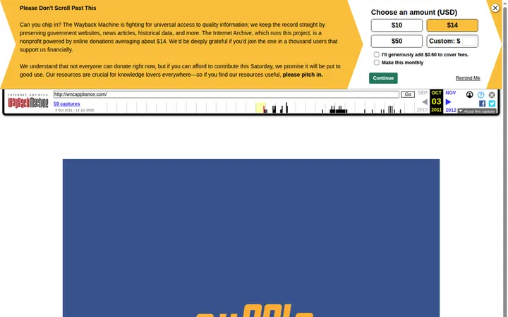 WNC Appliance homepage, captured in 2011